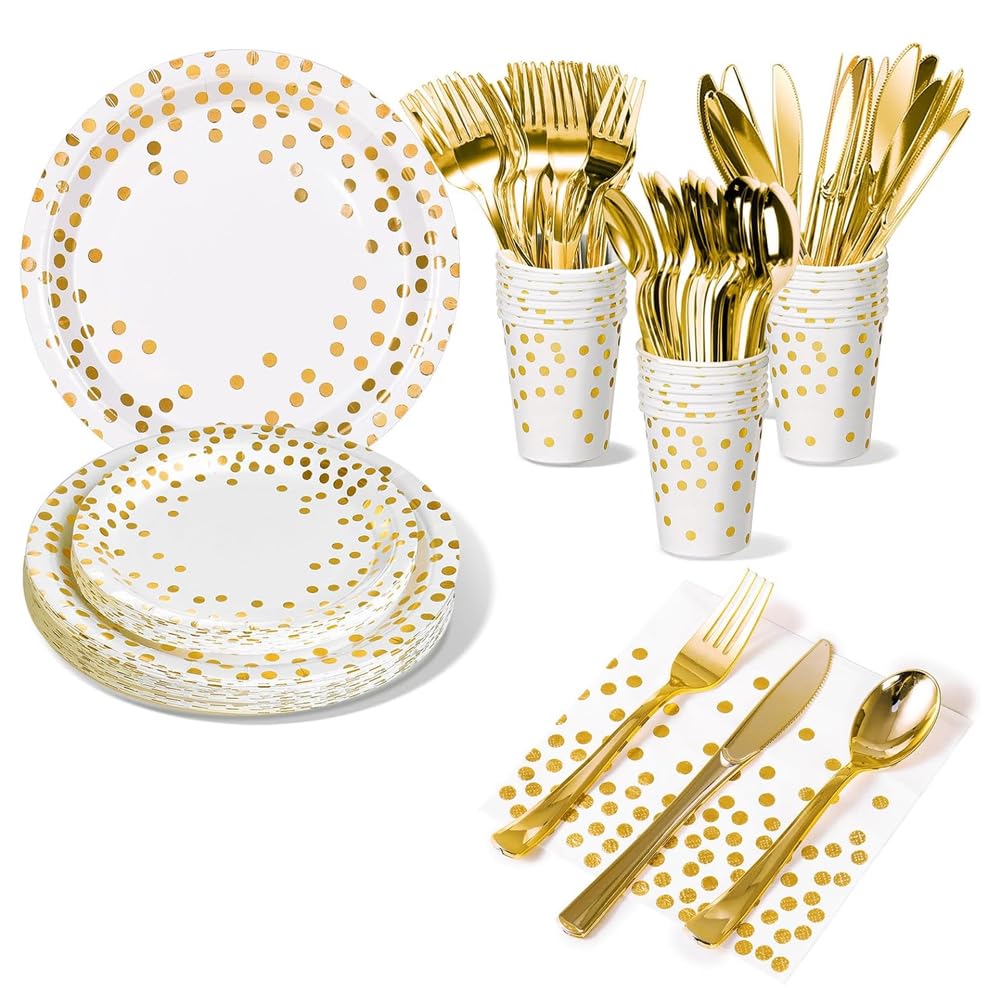 Polka Dot Disposable Tableware Set for 25 – 175 Pcs Party Supplies with Plates Cups Napkins Cutlery – Disposable Dinnerware Set for Birthday, Baby Shower, Wedding, Holiday Events (Gold)