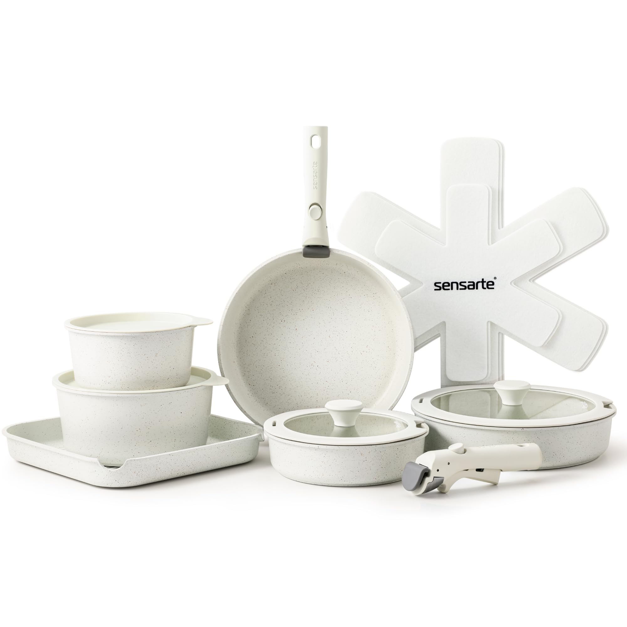 SENSARTE 17 Piece Pots and Pans Set, Nonstick Detachable Handle Cookware, Induction Kitchen Cookware Set with Removable Handle, Healthy Non Stick RV Cookware, Dishwasher ? Oven Safe (White)