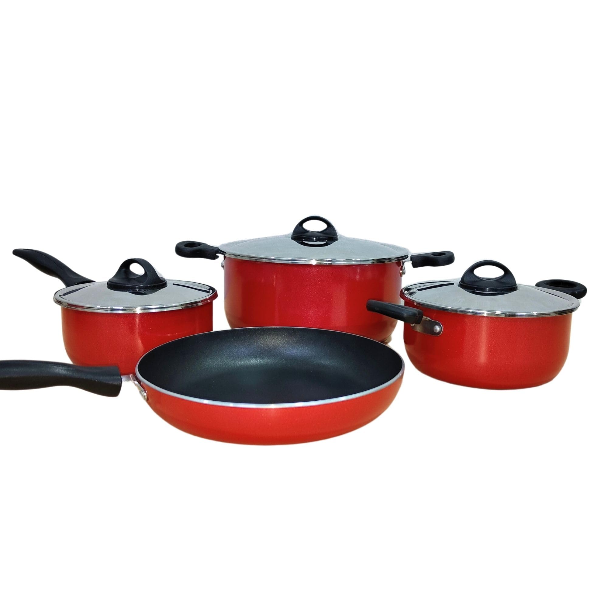 Premier 7Pcs Complete Cookware Set - Non Stick Stainless Steel - Heat Resistant Handles - Dishwasher Safe - Frypan 24cm with SS Lid, Stew Pot 18cm & 24cm, Saucepan 16cm