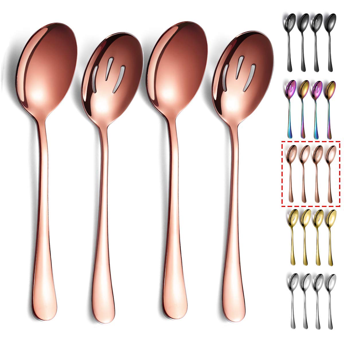 Kyraton Rose Gold Serving Spoons 4 Pieces, Titanium Plating Serving Spoon, Include 2 Serving Spoon And 2 Slotted Spoons, Stainless Steel Serving Utensils, Serving Set Packing of 4