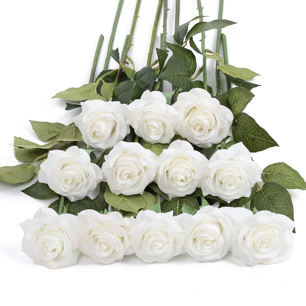 12Pcs White Roses Artificial Flowers Bulk Real Touch Roses Fake White Silk Roses Flowers Floral Arrangement Bouquet for Wedding Bouquet Home Wedding Party Garden Bridal Decorations DIY (White)