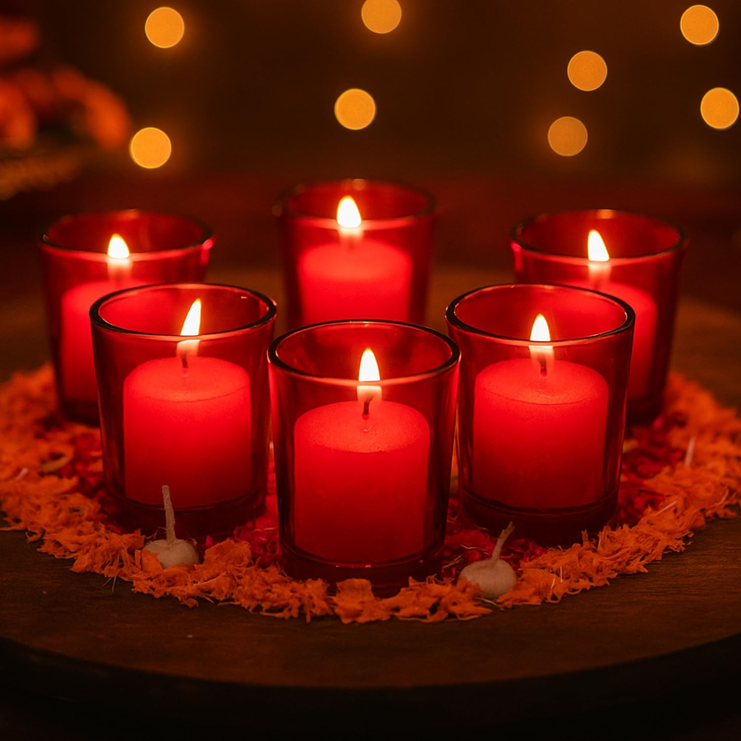 TIED RIBBONS Set of 6 Votive Glass Tealight Candle Holders Glass Votive - Decorations Items for Home Decor Table Gifts (Glass, Red, 6 cm X 5 cm) - Decor - Gifts