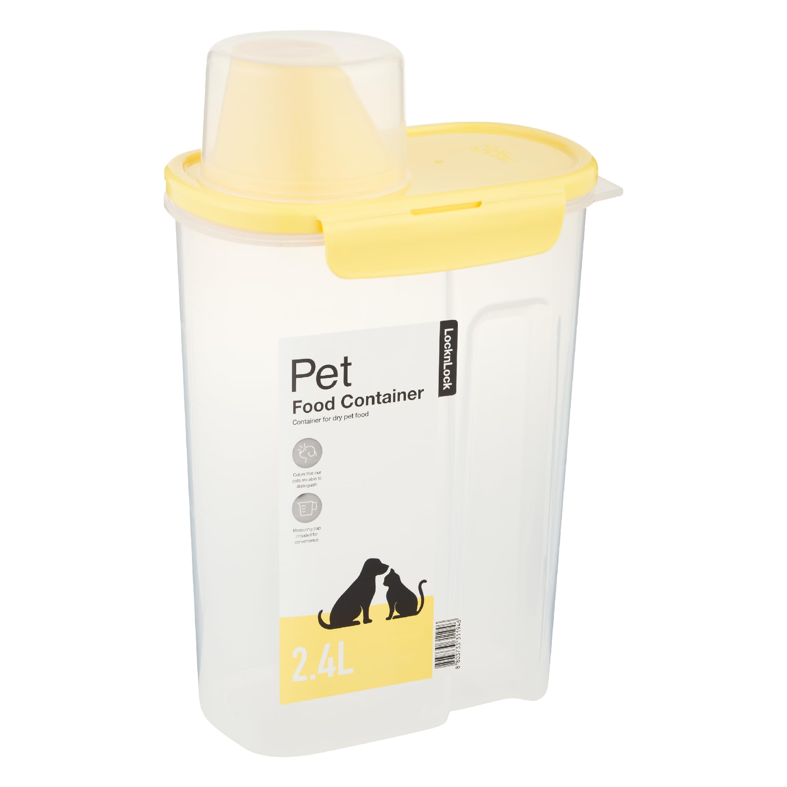 LocknLock Pet Dry Food Container with Measuring Cup, 2.4 Litre Capacity, Transparent/Yellow