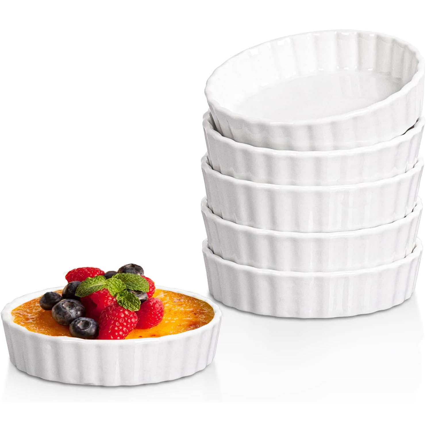 Ramekins Set of 6, Shallow Creme Brulee Ramekin, 12 * 12 * 2cm Ramekins for Baking, Porcelain Souffle Dish Mini Pie Pans Oven Safe, Round Fluted Tart Pan Quiche Dishes