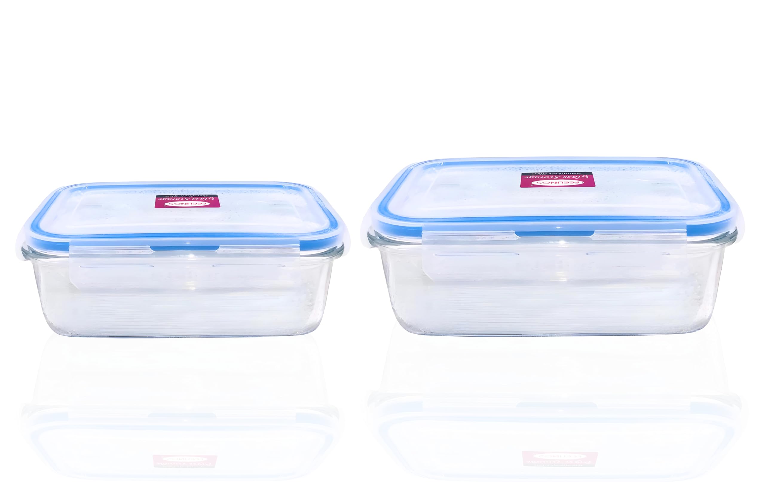 FEELINGS 2-Piece Glass Storage Containers – 400ML & 600ML, Meal Prep Containers with Leak-Proof Blue Lids | Airtight Glass Food Storage for Kitchen & Lunch Organization | Microwave & Freezer Safe