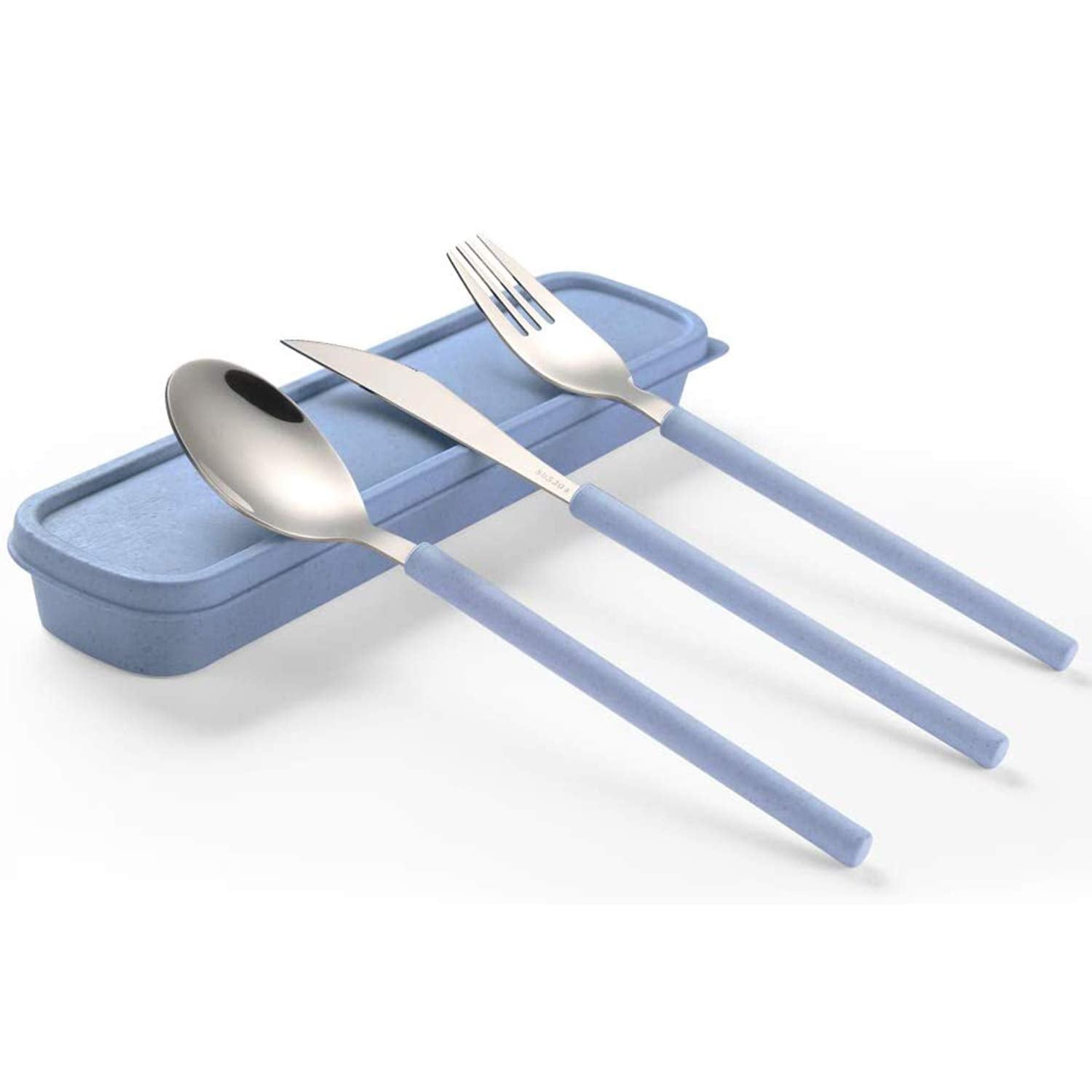 Portable Home Utensils Reusable Flatware Set with Case, Stainless Steel Metal Travel Cutlery Lunch Tableware 3 PCs Size Fork Spoon Knife with Colored Handle(Fork Spoon Knife 1 set, Blue)