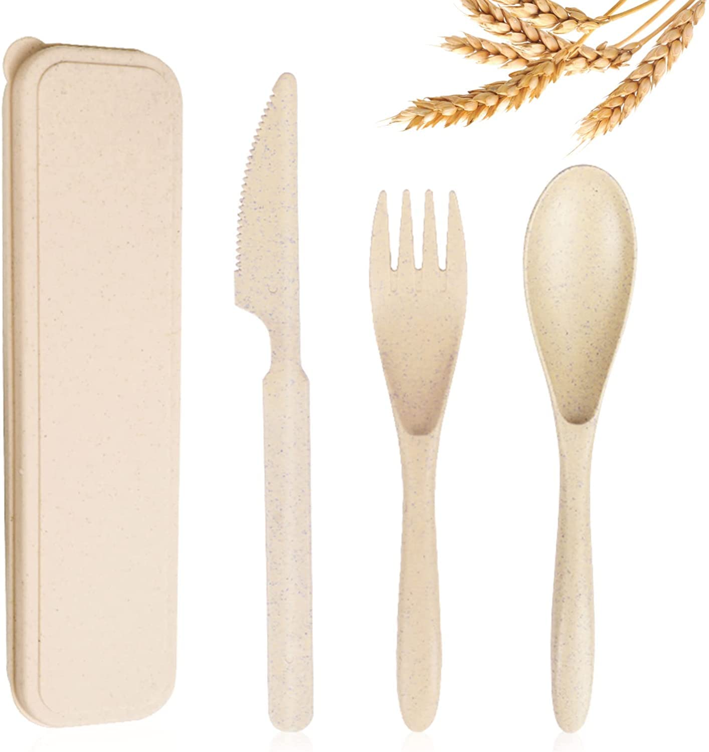 Nnewvante Reusable Travel Utensils Set with Case, Wheat Straw Portable Knife Fork Spoons Tableware, Eco-Friendly BPA Free Cutlery for Kids and Adults as Travel Picnic Camping Utensils (Beige)