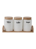 Stylish Tea Coffee Sugar Container Set Ceramic Canisters with Airtight Wooden Lids and Bamboo Tray, Set of 3, Decorated Kitchen Canister Jars Food Storage