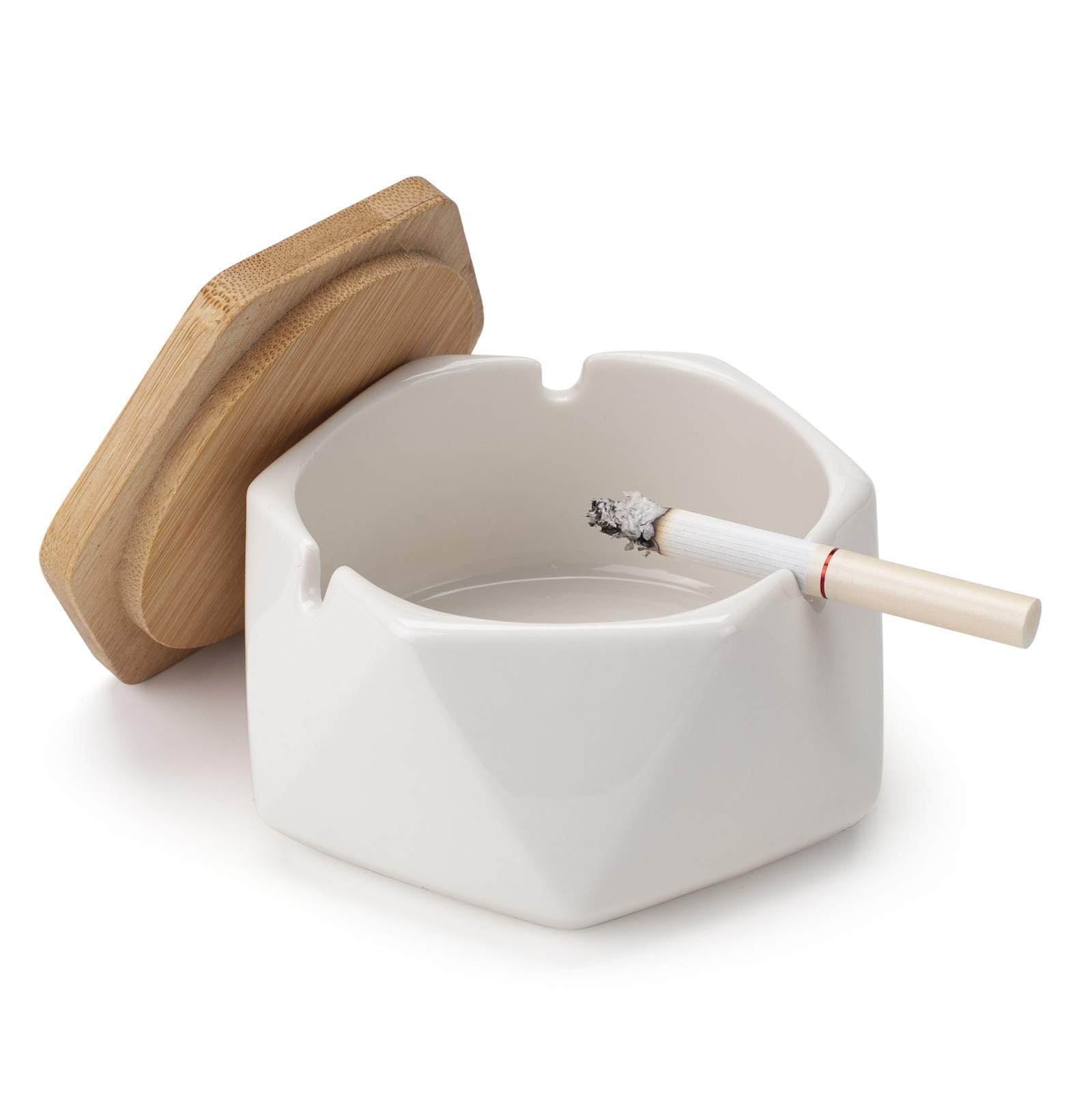 NOSKIN Ceramic Geometric Ashtray with Lid, Windproof Ceramic Ashtray for Indoor or Outdoor Use, Home Office Decoration, White