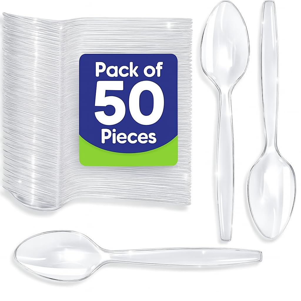 50 Plastic Spoons – Heavy Duty Disposable Cutlery, Strong Plastic Utensils for Party Supplies, Catering, Wedding, BBQ, Camping, Food Service, Events, Bulk Tableware (Clear/Transparent)