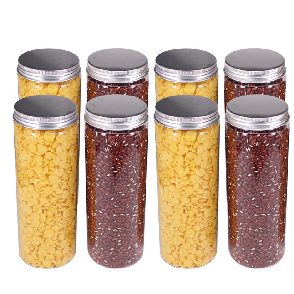 8 Pack 20 oz (600 ml) Clear Straight Cylinders Plastic Storage Jars- Wide Opening Tubs With Aluminum Lids - BPA Free PET Container Home & Kitchen Storage of Dry Goods, Peanut, Candy