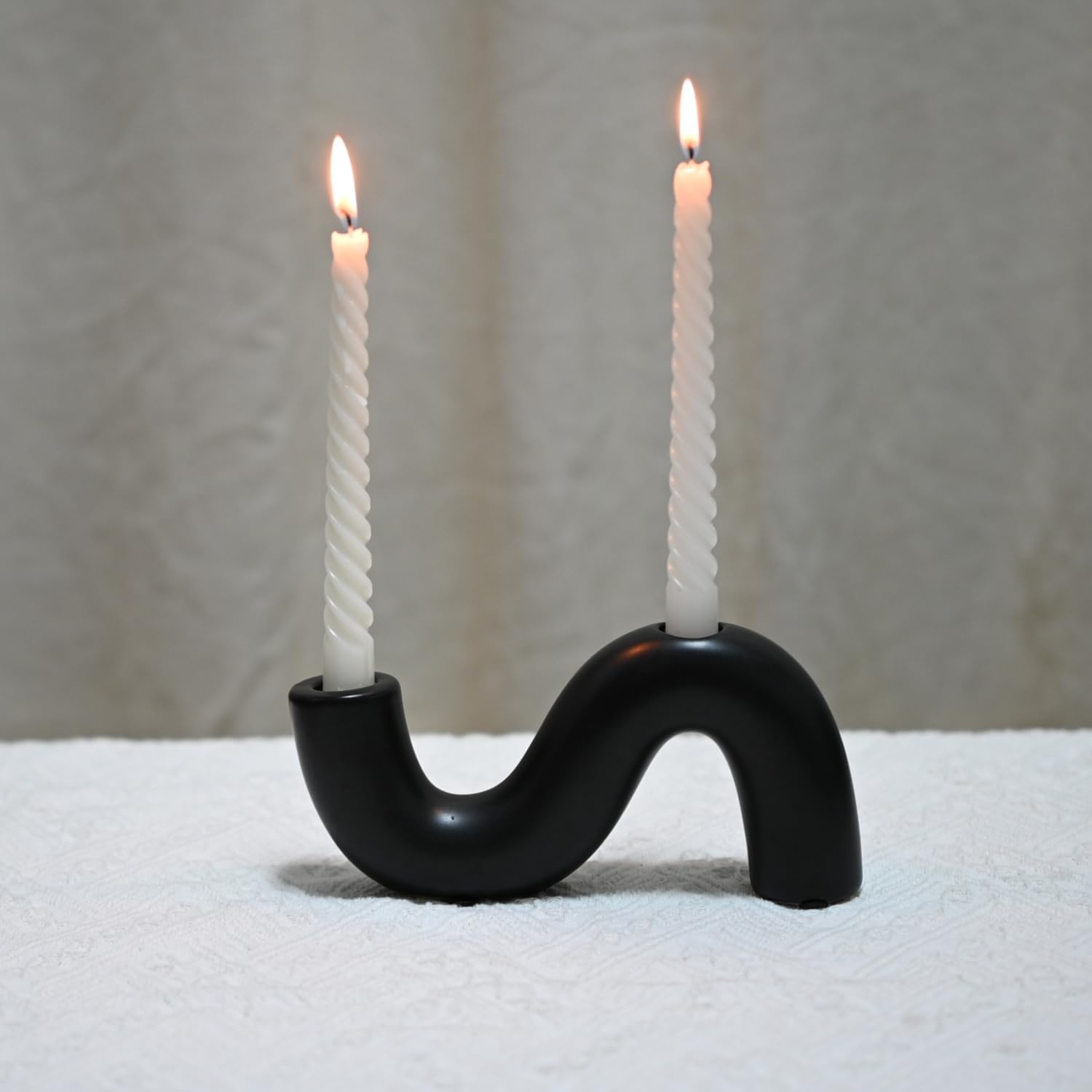 Ceramic Candle Holder, Black Taper Candlestick Holder 20x4x10cm, Modern Candle Stand for Dining Table, Living Room and Home Decor