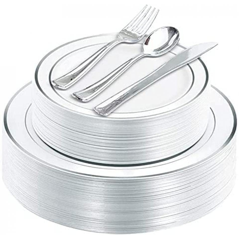 JANNAH Disposable Dinnerware Sets Including Plates Cups Spoon Fork Knife For Wedding Birthday Party Tableware Sets (Silver-125pcs)