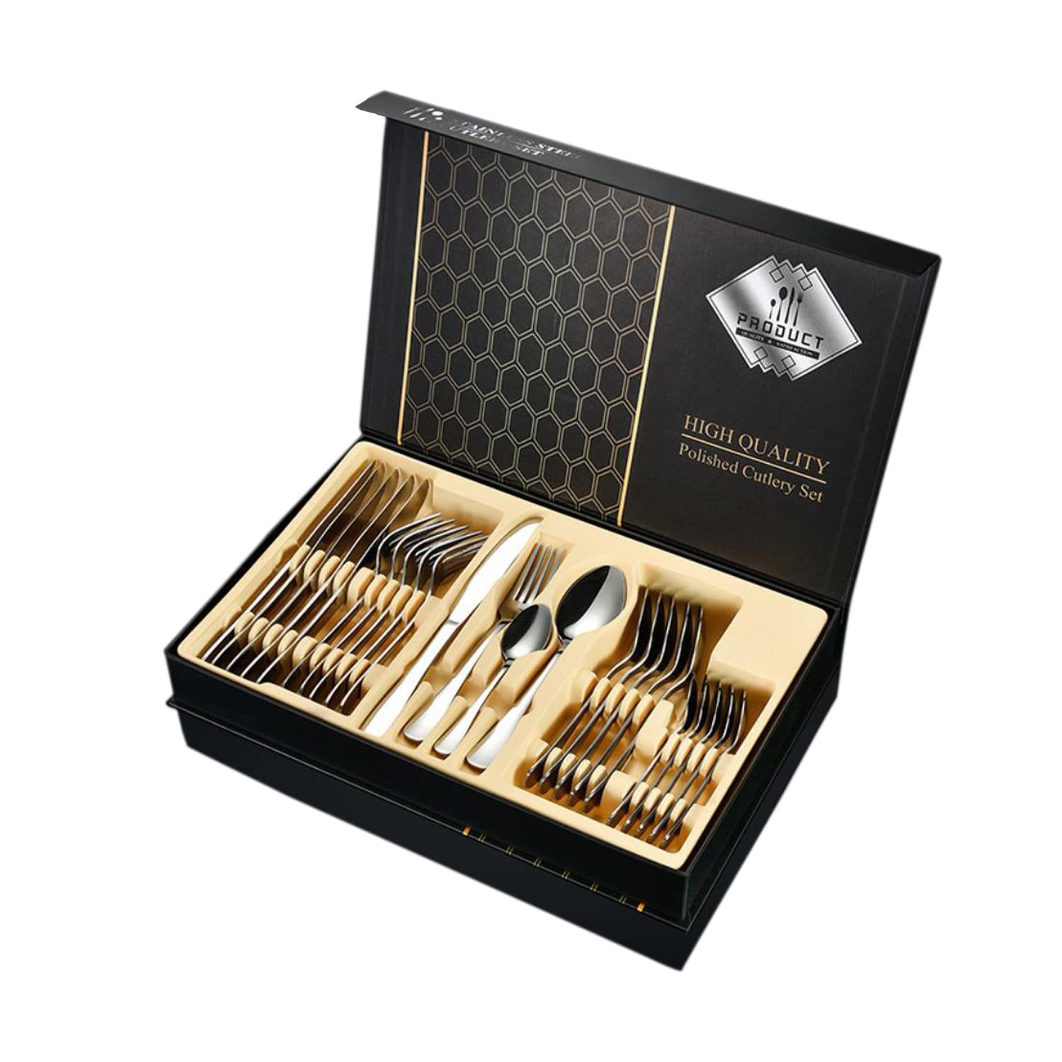 Arabest 24 Piece Silverware Flatware Set with Gift Box,Stainless Steel Utensils Service set for 6,Mirror Polished Cutlery Set,Dishwasher Safe Knife Fork Spoon Tableware set (Silver, Set C)