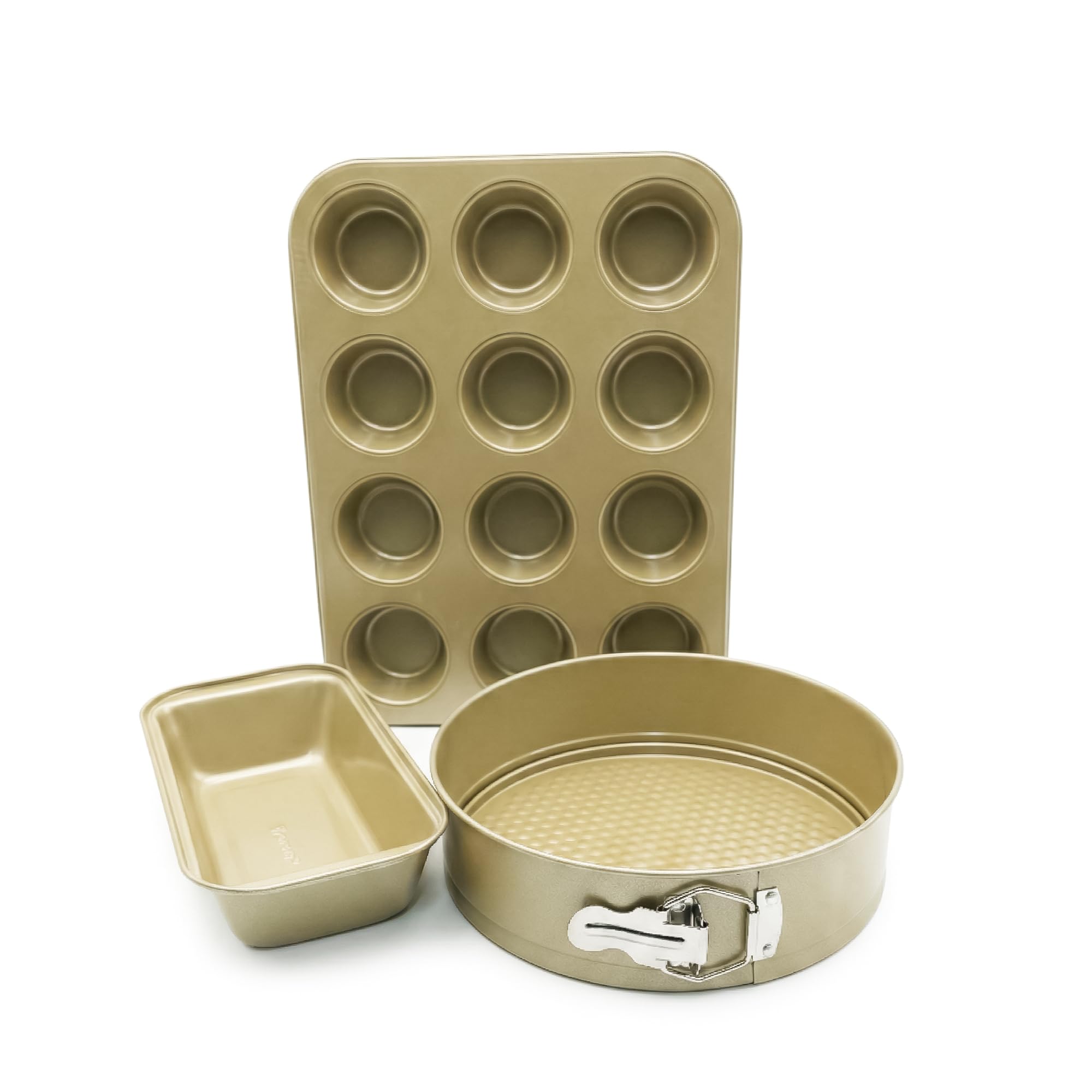 3Pc Non Stick Carbon Steel Greenish Gold Bakeware Set with 12 Cup Muffin Tray Springform Cake Pan and Loaf Pan Oven Safe Baking Tins for Cake Muffin Bread Baking Essentials