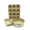 3Pc Non Stick Carbon Steel Greenish Gold Bakeware Set with 12 Cup Muffin Tray Springform Cake Pan and Loaf Pan Oven Safe Baking Tins for Cake Muffin Bread Baking Essentials