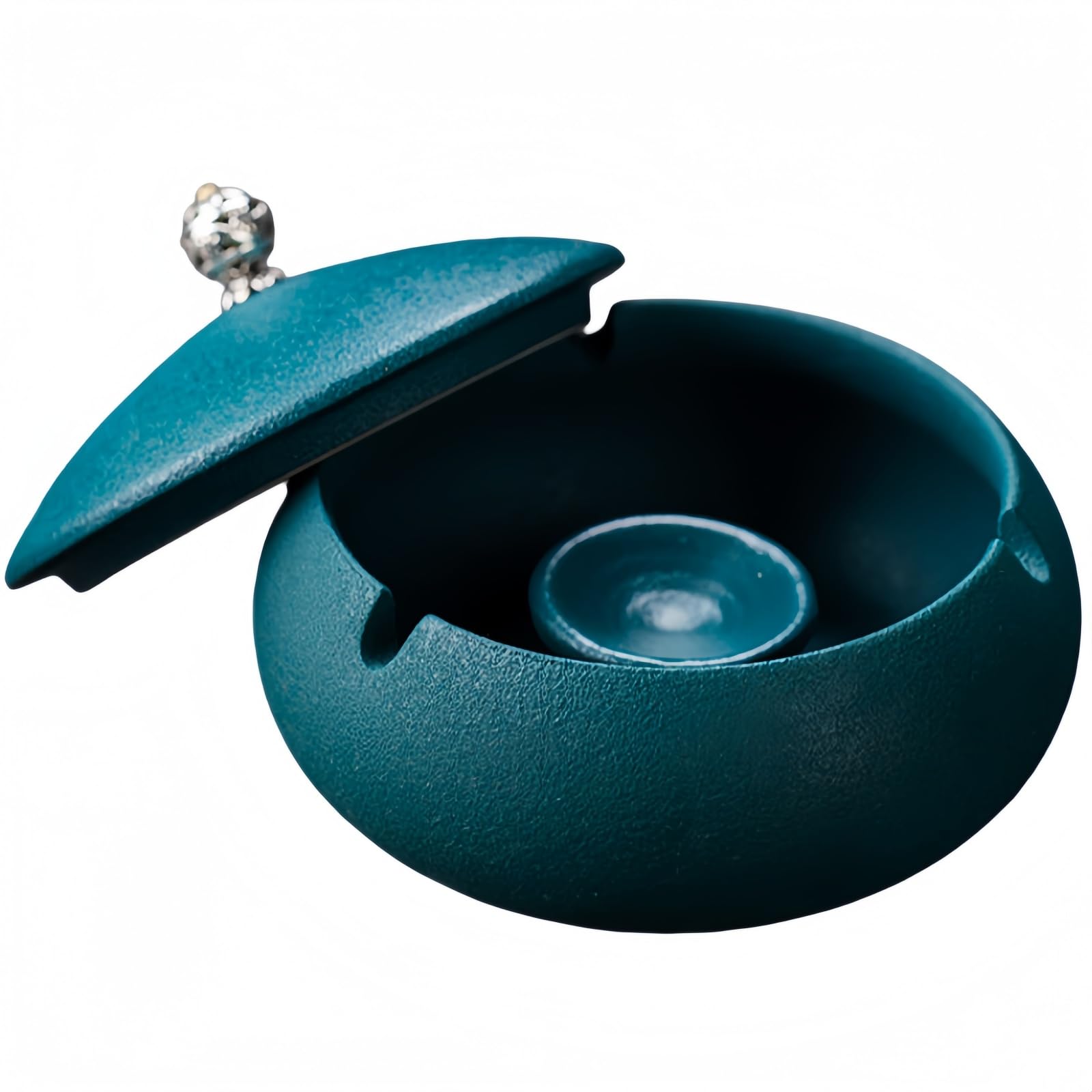 Ceramic Ashtray with Lid, for Balcony and Living Room, Modern Decorative Ashtray, Windproof and Odourproof, Diameter 12.5 cm (Black/Peacock Green) (Peacock Green)