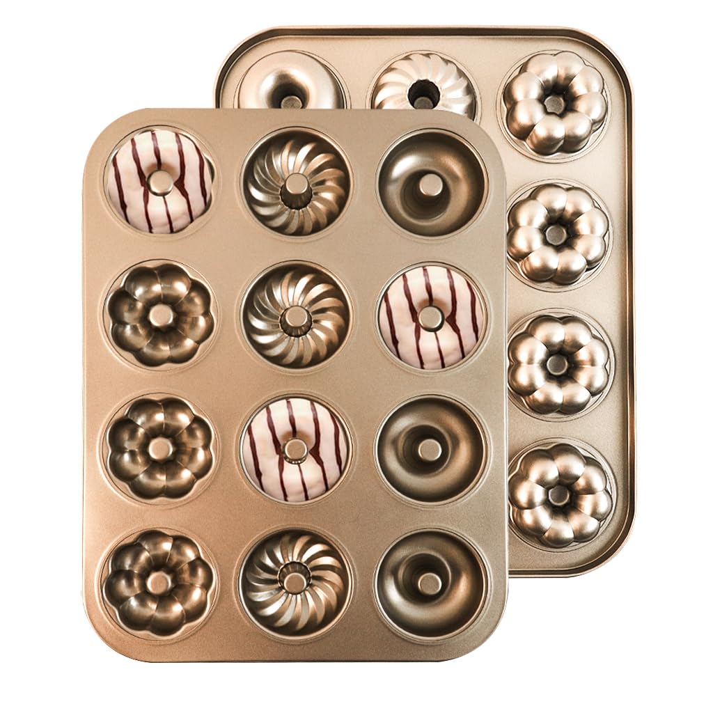 HASTHIP® 1Pc Donut Mold Cake Pan, 12-Cavity Non-stick Donut Baking Cake Pan Carbon Steel Donut Molds, Non-stick Flower Heart Shaped Bund Pans Pattern Doughnut Bakeware for Oven Baking