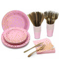 AMERTEER 169 PCS Rose Gold & Pink Party Supplies, Disposable Dinnerware Set with Polka Dot Plates, Cups, Napkins, Gold Plastic Cutlery, Serves 24, for Birthday, Wedding, Bridal & Baby Shower