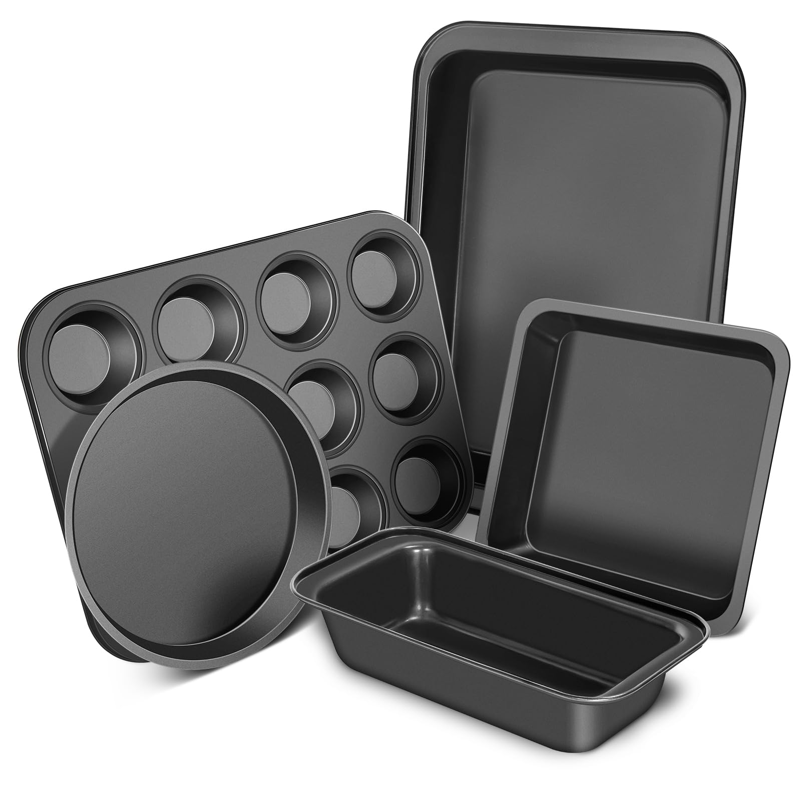 Baking Pans Set, 5 Piece Nonstick Bakeware Sets with Round/Square Cake Pan, Loaf Pan, Cookie Sheet and 12 Cups Muffin Pan, Baking Supplies Roast Pan for Oven Kitchen Cookware Sets