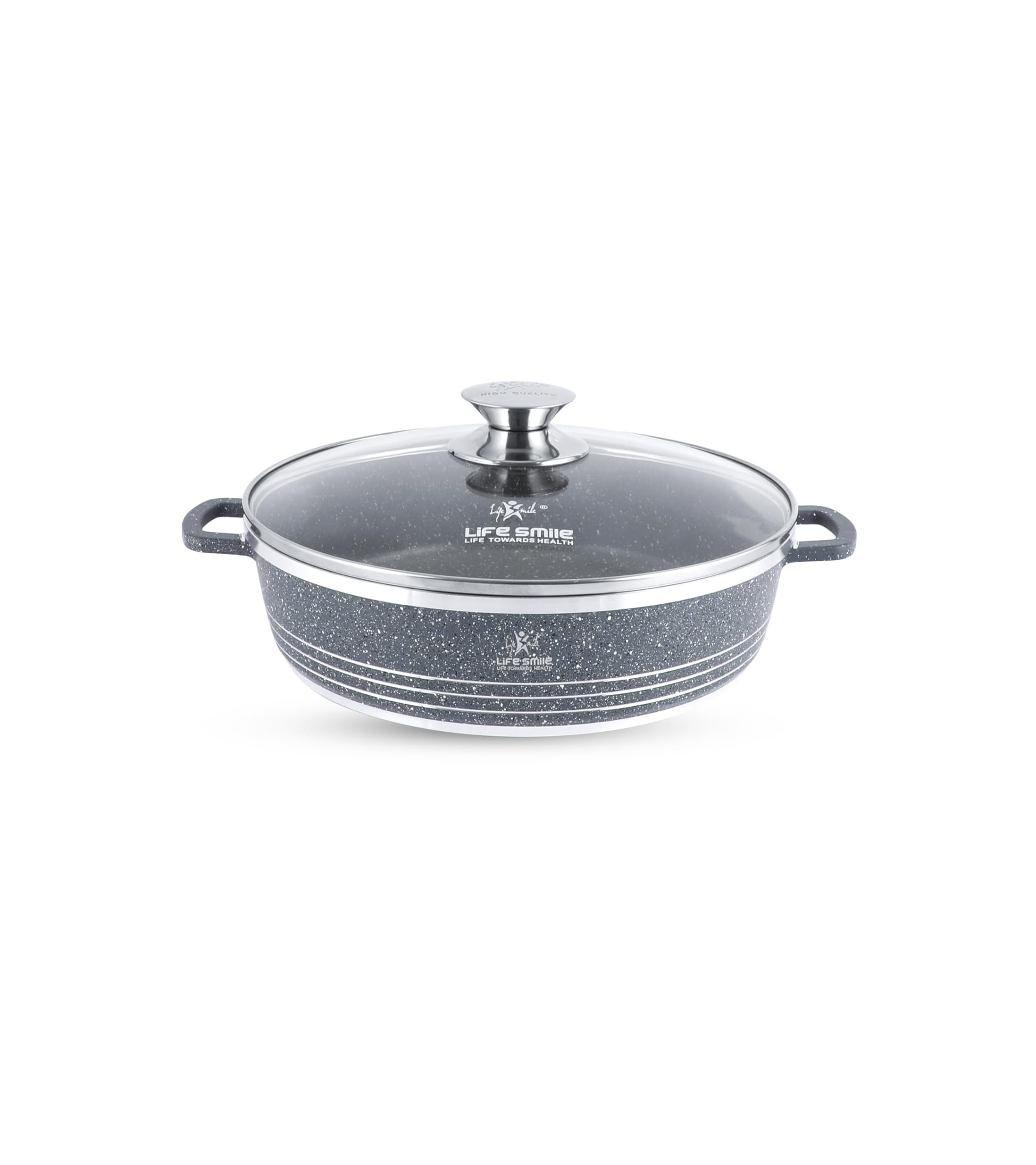 LIFE SMILE Shallow Pot with Lid | Non Stick Granite Coating Frying Pan | Oven Safe | 100% PFOA FREE | Double Handle (24 CM (2.1 Liters), Blue)