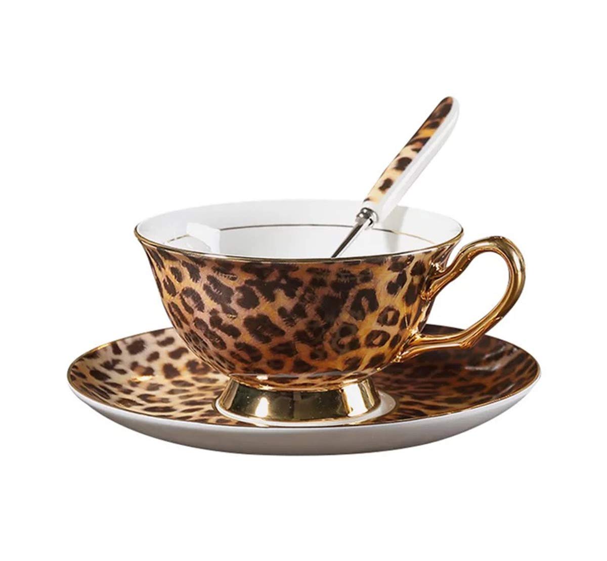 YBK Tech Euro styles Tazza & Piattino Impostato Arte Osso Cina Ceramica Tè Caffè Tazza per Casa Cucina Matrimonio (Leopardo Modello)