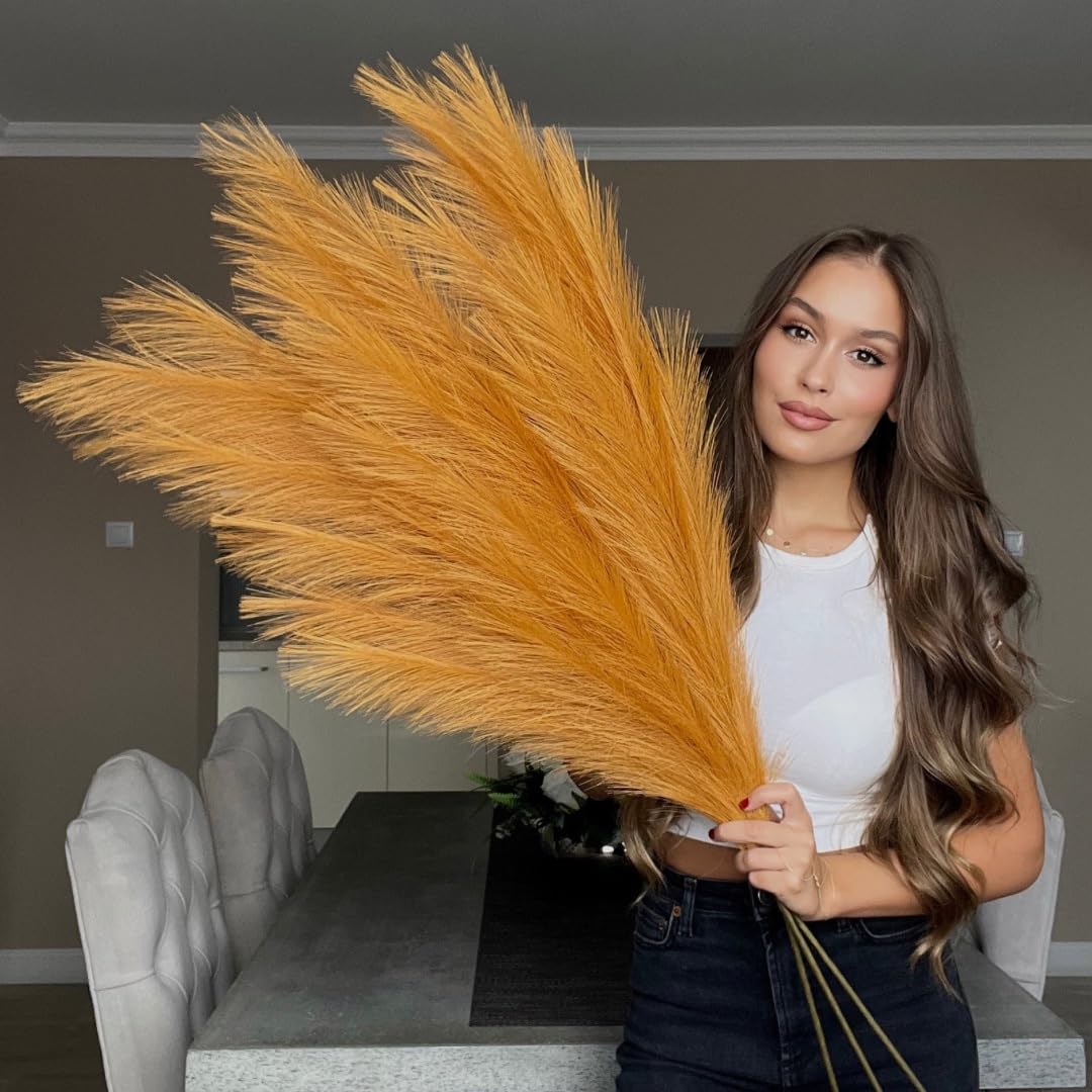Extra Large Tall Orange Fake Faux Artificial Pampas Grass Large Fluffy x3 115cm Stems x18 Decorative Artificial Flora Feathers For Floor Vases Tall Orange Plant Flowers Long Pampas Grass