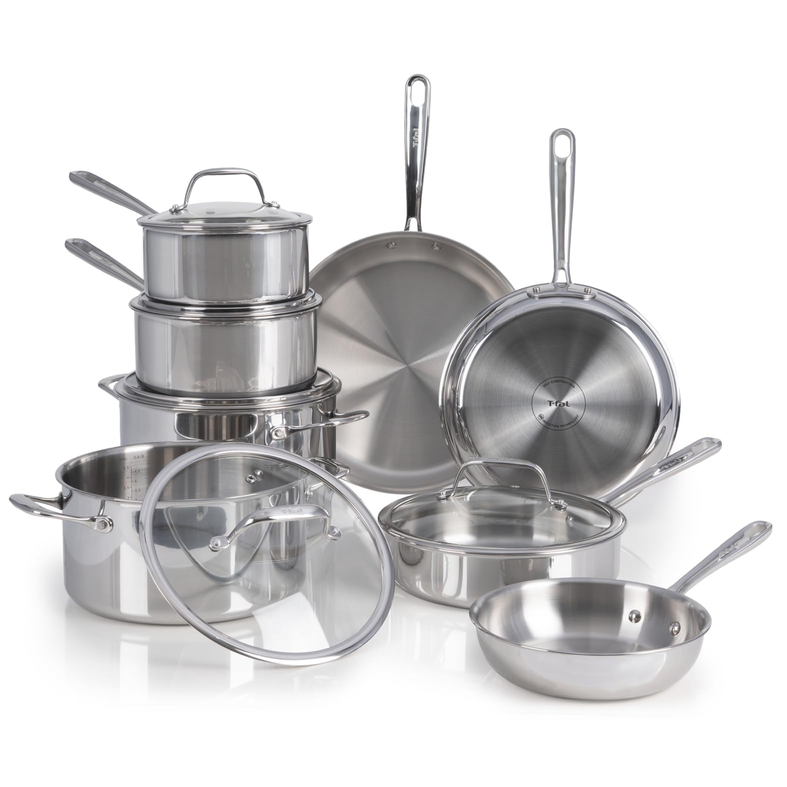 Tefal Pro Tri-Ply Stainless Steel Cookware Set 13 Piece, Induction Compatible Oven Safe 500F, Lids 350F, Fast & Even Heat, Professional Quality & Durability, Pots and Pans Set, Dishwasher Safe, Silver