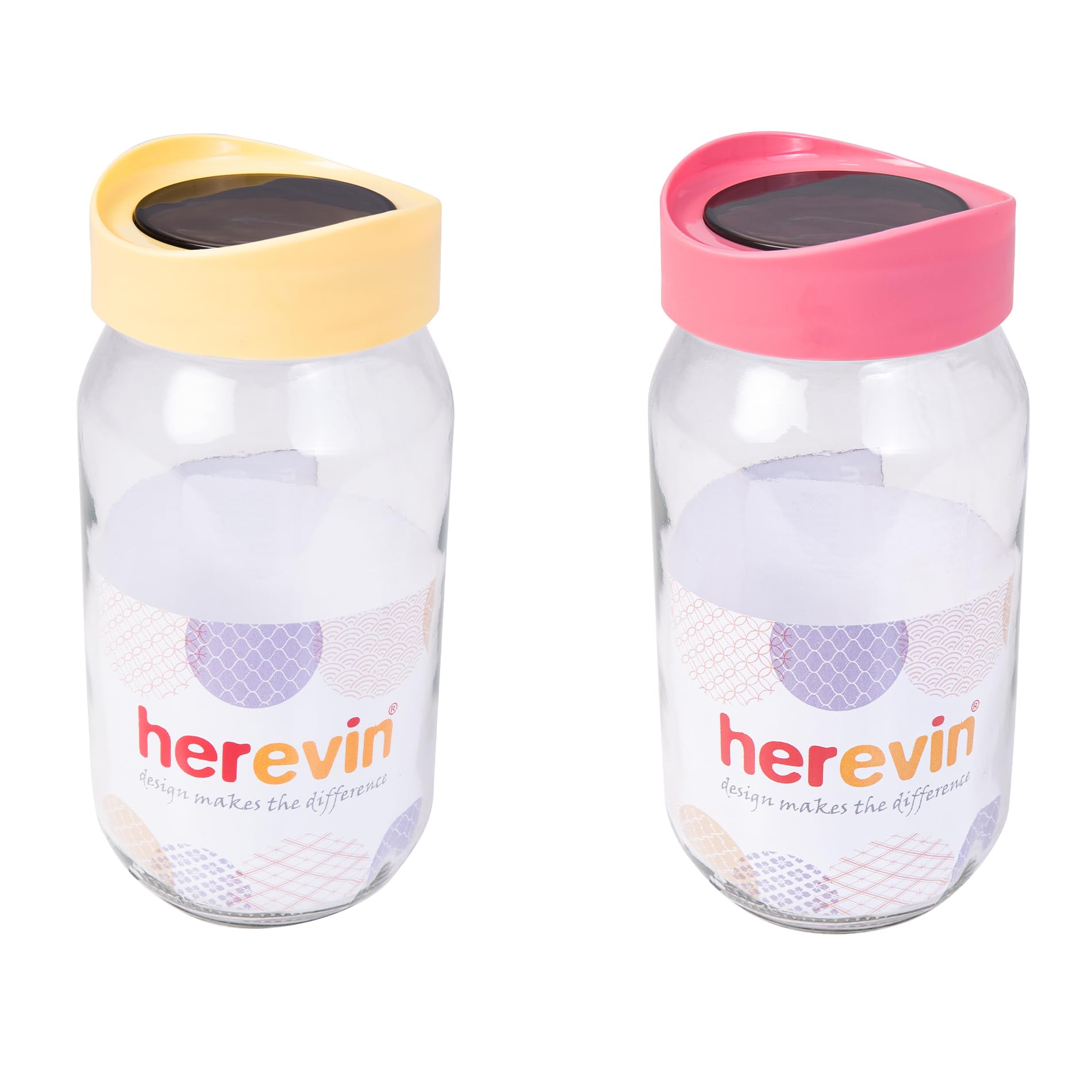Herevin 1-Liter Glass Jar Canister Storage Jar with Transparent Top and Assorted Color Lid