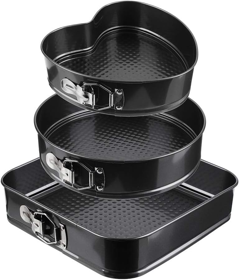 Yanek 3-Piece Springform Cake Pan Set – Includes Square, Heart, & Round Molds Non-Stick, & Leakproof, Easy release – For Baking Cakes Tarts & Desserts – Durable Bakeware for Home & Professional Use
