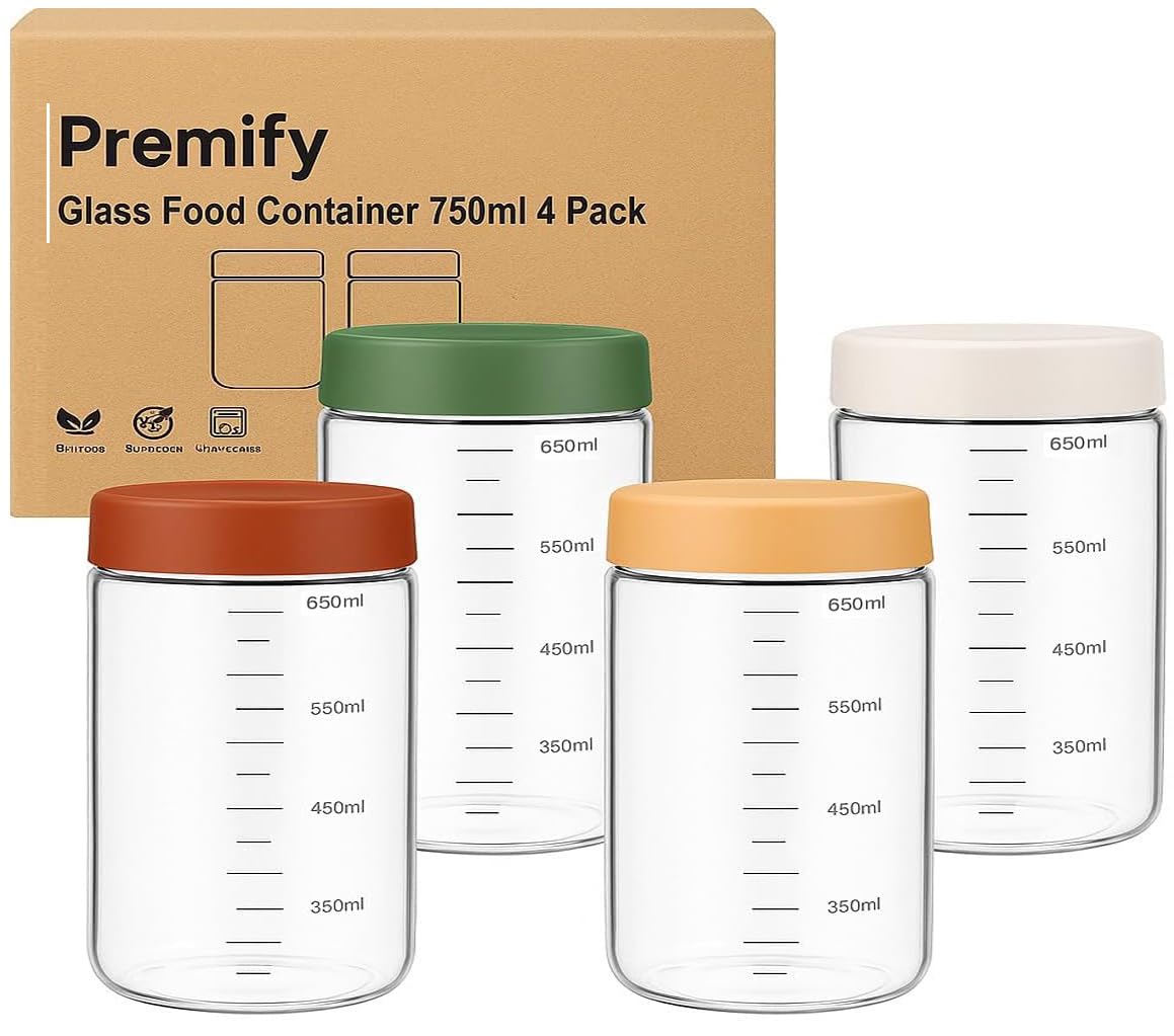 Premify 4-Pack 750ml Glass Jars with Screw Lids – Leakproof & Airtight Containers for Overnight Oats, Condiments, Sauces,Canning, Spices & More – Reusable & Food Safe