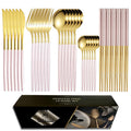 Dining Dinnerware Tableware Kitchen Set, 401 Stainless Steel?Stainless steel cutlery knife,Chopsticks fork and spoon set 30-piece cutlery set 6 people gift box with (Pink gold)