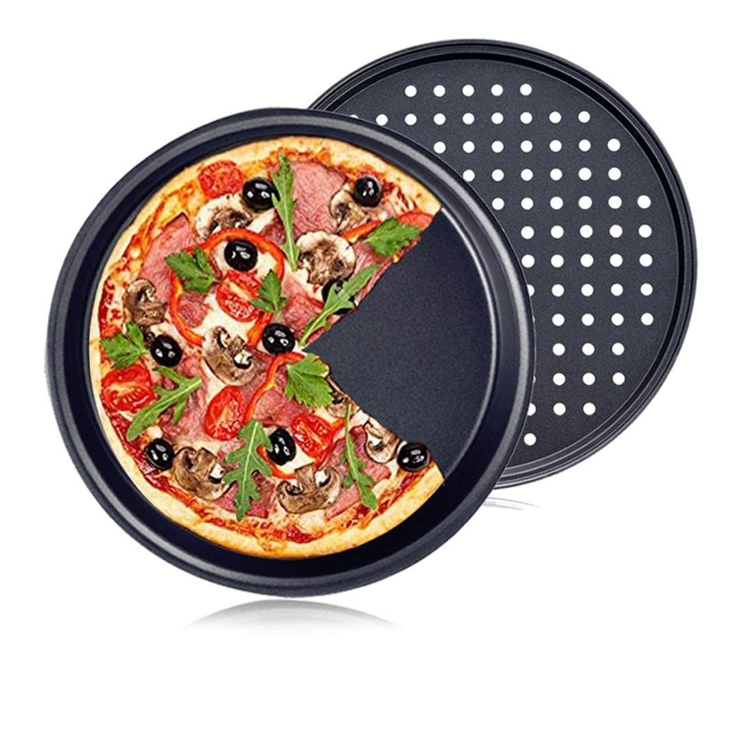 Pizza Pan 12" Pizzas Baking Crisper Tray Non-Stick Bakeware Plate Professional Carbon Steel Pie Pan for Oven 2 Set (one Hole and one Non Hole)