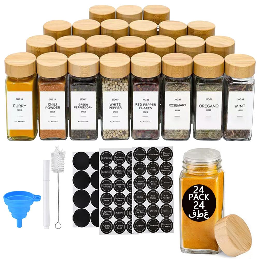 Arabest Glass Spice Jars with Bamboo Lids of 24,120 ml Glass Jars with Minimalist Farmhouse Spice Labels Stickers,Marker Pen,Collapsible Funnel,Seasoning Storage Bottles for Spice Rack,Cabinet,Drawer