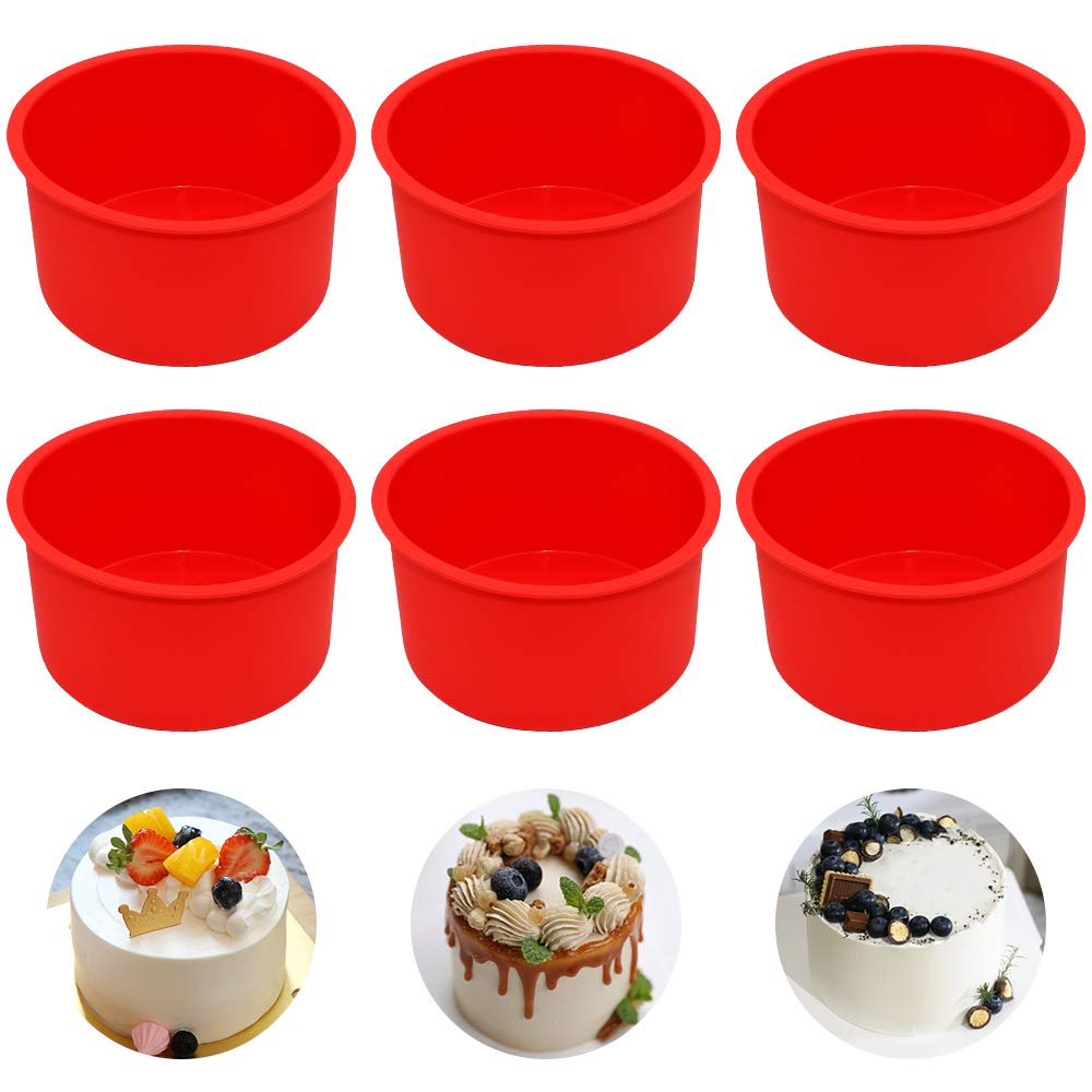 Silicone Cake Mold Baking Pan Round 4 Inch Non-Stick Bakeware Pan Reusable Cake Pan, Red, Set of 6
