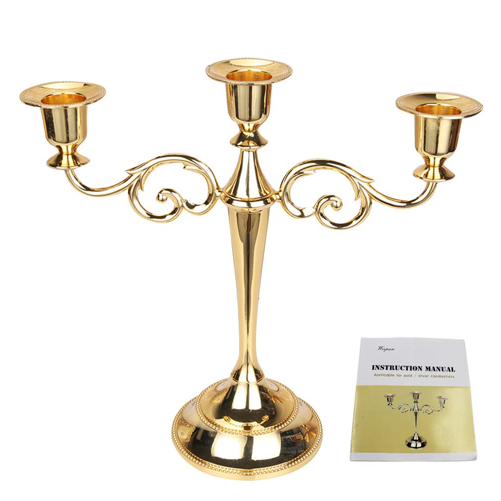 WEISIPU Wispun 3 Arms Candle Holder Metal Pillar Candle Stick Wedding Event Candelabra Gold