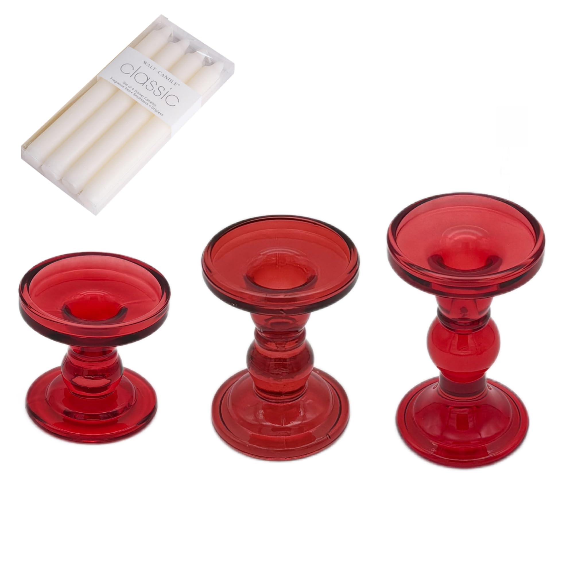 Red Glass Candle Holders Set of 3 Clear Candlestick Holders Vintage Candle Stands for Pillar Taper Candle TeaLight Home Decor Table Centerpieces Christmas, Candleholder Sets with 4 Pcs Taper Candles