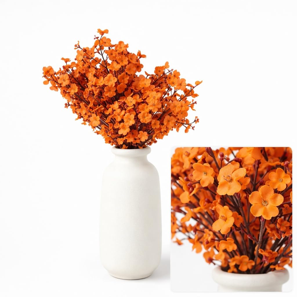 Orange Baby Breath Flowers, 5-Pack of 50cm Long Artificial Flowers, Cloth Petals on Bendable Wired Stems for Lifelike Styling, Fade-Protected for Indoor Outdoor Wedding, Fall, and Home Decor