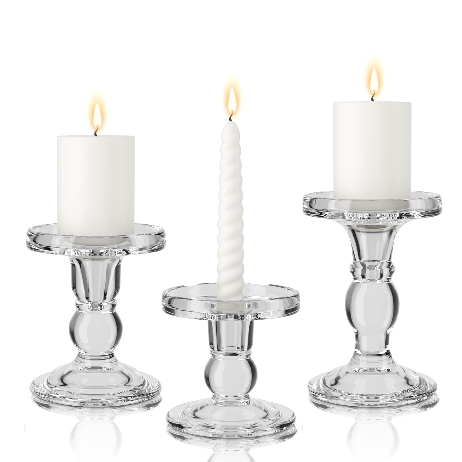 Candlestick Holders 3 Pieces Crystal Clear Candle Holders with Elegant Design for Pillar Taper Candle and Tea Light, Home Table Living Room Wedding Party Decorations Home Décor