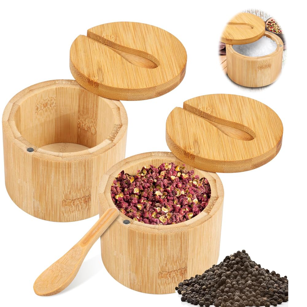 Azonee Bamboo Salt Bowls, And Pepper Box With Magnetic Swivel Lid Spoon, Seasoning Container For Salt, Pepper, Spice, Sugar, 2Pcs