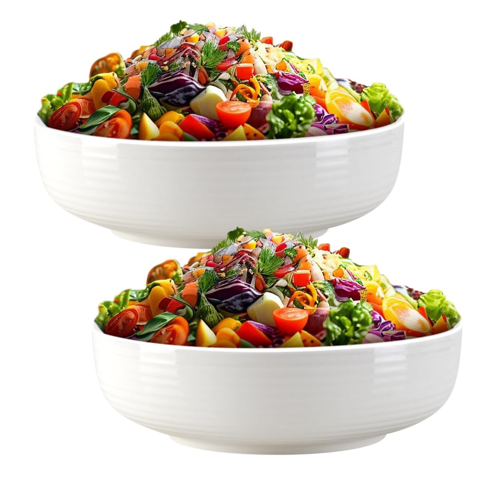 Large Serving Bowls Set,Ceramics Pasta Plates,2PCS 9.5'' Salad Bowl Set for Serving Soup, Pasta, Noodle,Kitchen Tableware Plate Mixing Containers, White Big Soup Bowls Plates,Microwave Dishwasher Safe