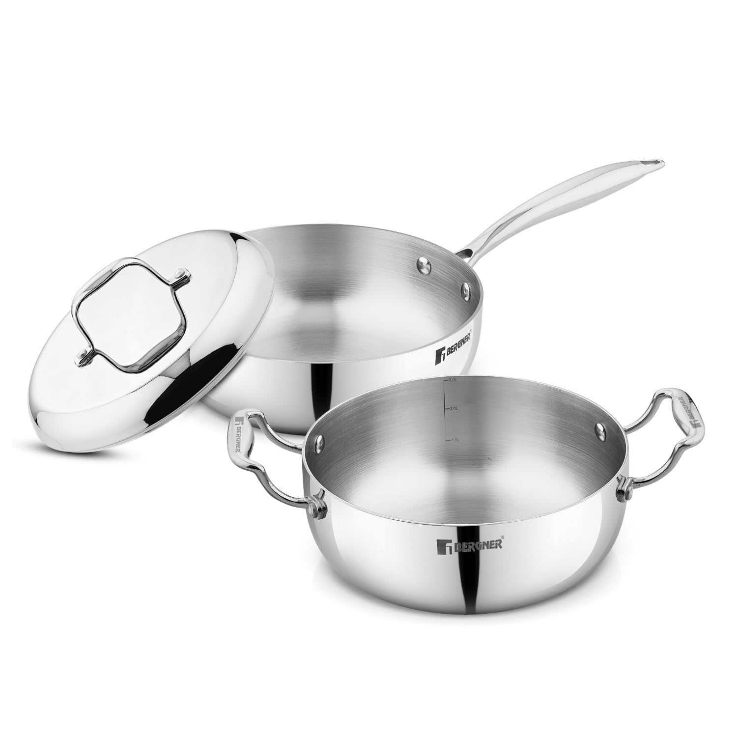 Bergner Argent Saira Saiba Triply Stainless Steel 3-Piece Cookware Set with 18cm (1.5L) Frypan, 18cm (1.8L) Casserole, Common Lid, Low-Oil Healthy Cooking, Even Heating, Induction & Gas Compatible