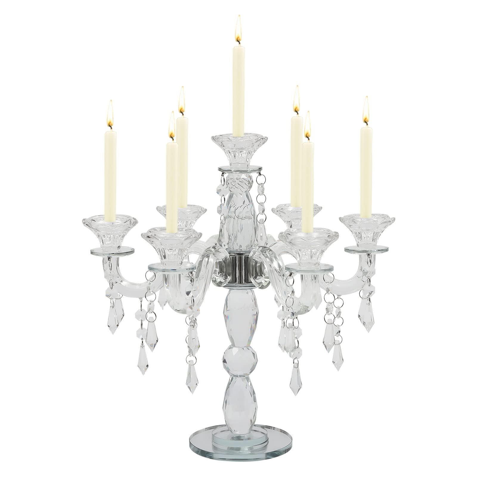 Crystal Candelabra Candlestick Candle Holder,7 Arm Wedding Floor Candelabra,Candelabras Candle Holder, Antique Candle Floral Centerpiece Stand for Events, 14in, Clear, AK-2986