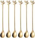 DELFINO Stainless Steel Gold Leaf Long Handle Iced Tea Spoons Set - Creative Stirring Tableware for Dessert - Premium Food Grade (Gold, 6 Pcs)