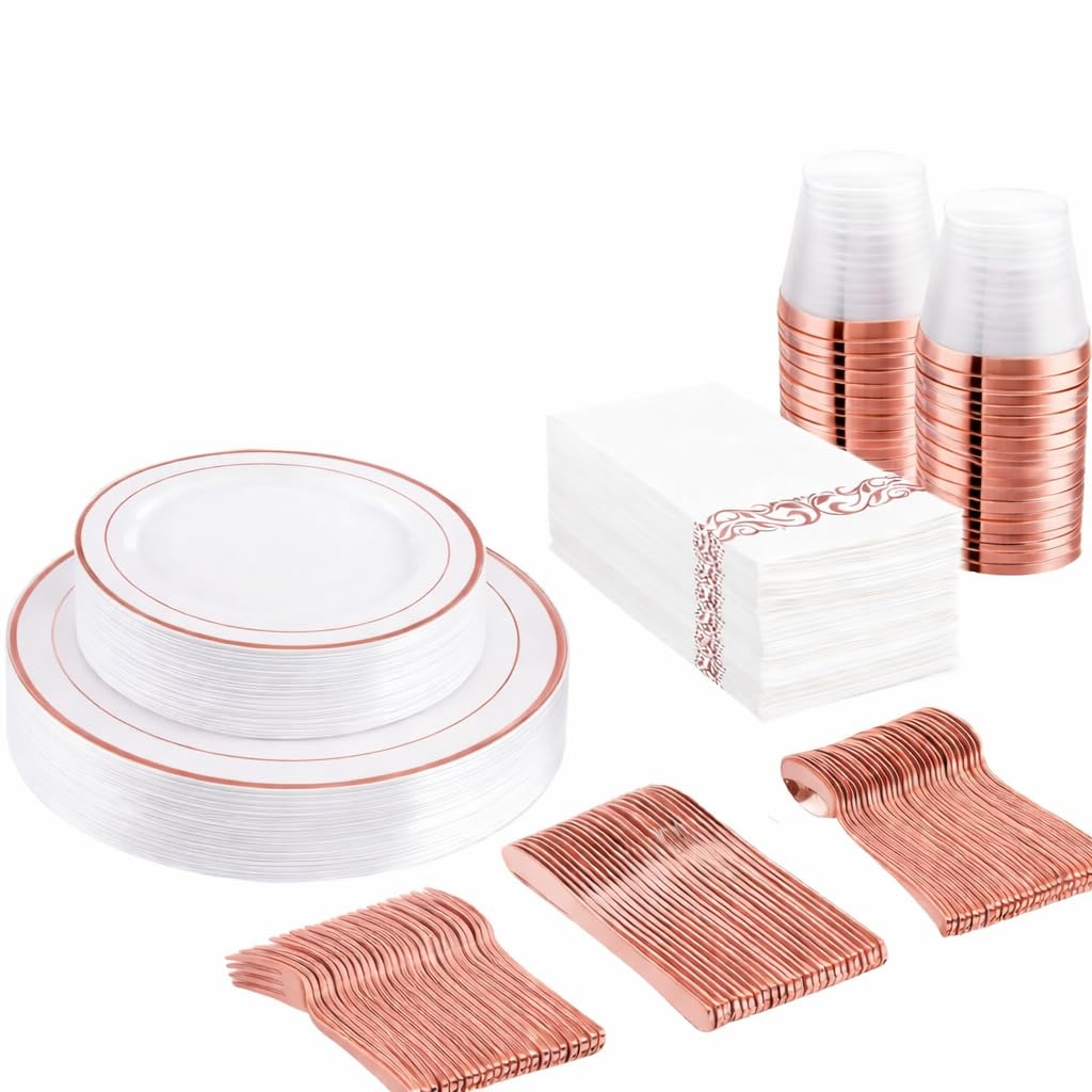 PFUTURE 175-Piece Rose gold Plastic Tableware Set for 25 Guests - Includes 25 Dinner Plates, 25 Dessert Plates, 25 Pre-Rolled Napkins and Flatware, and 25 Cups