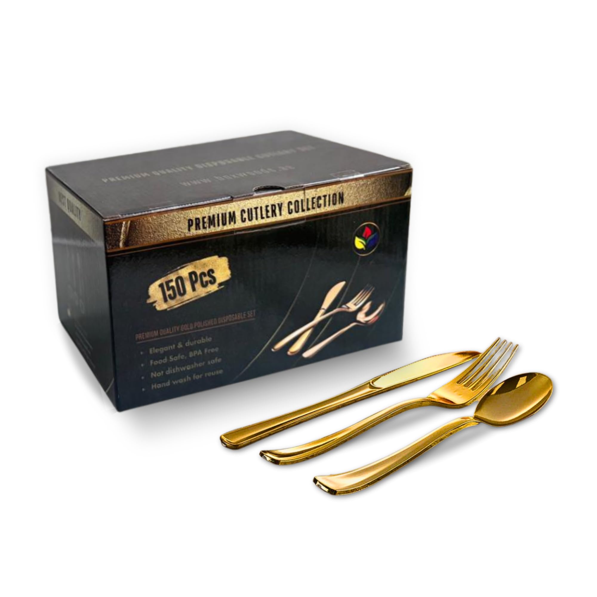 150 Pieces Gold Plastic Heavy Duty Disposable Cutlery Set - 50 Spoons, 50 Forks, 50 Knives box pack for Wedding, Birthday, Ramadan, Eid, Anniversary Dinner Party