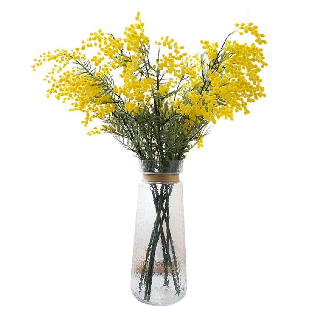 4pcs Mimosa Artificial Silk Flowers Fake Plants Branches Spray Pudica Acacia Bouquet Home Wedding Fall Decoration (Yellow)