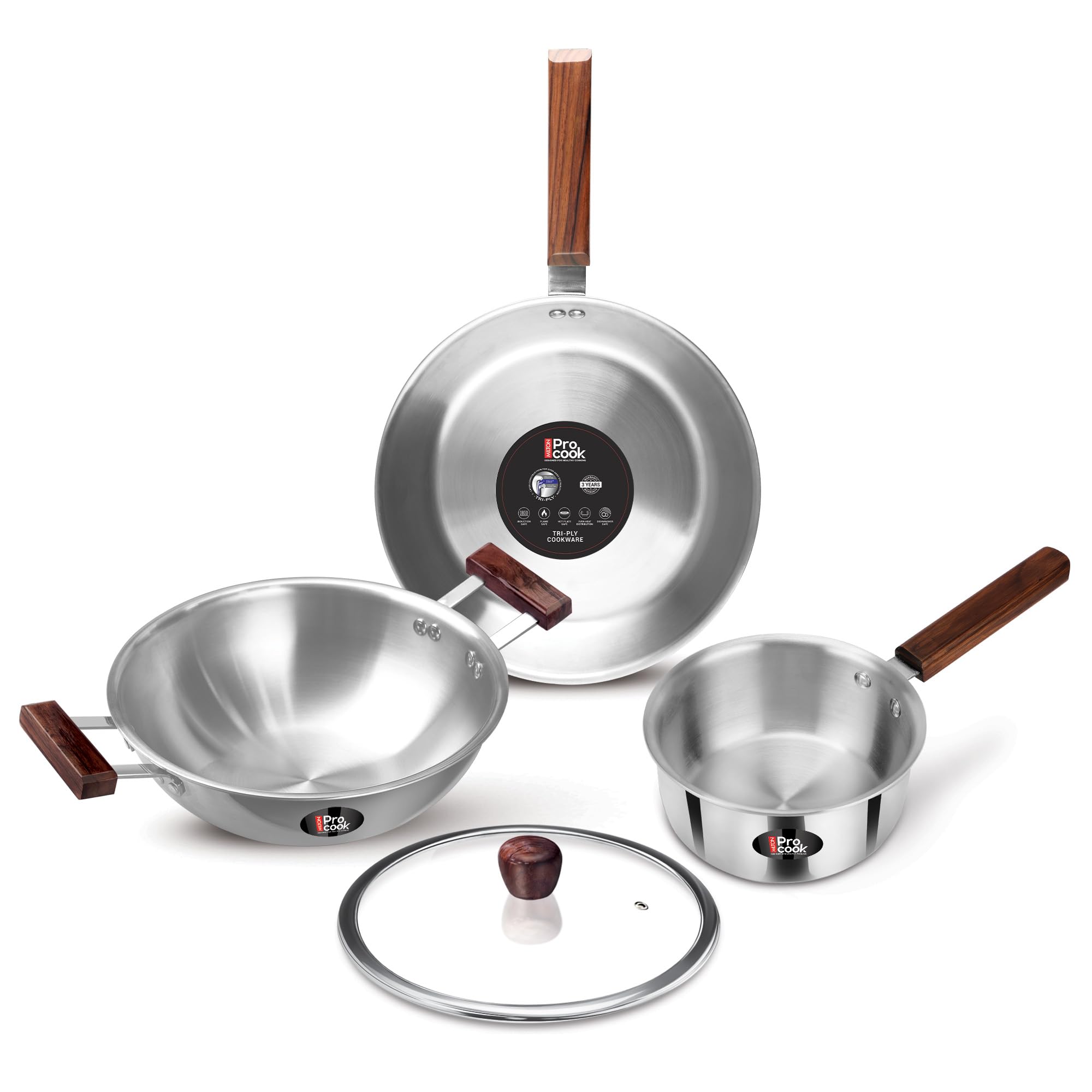 Milton Procook Triply 4 pcs Stainless Steel Sauce Pan 16 cm, Fry Pan 22 cm, Kadhai 24 cm with Glass Lid 24 cm and Wooden Handle, Silver | Induction Safe | Hot Plate Safe