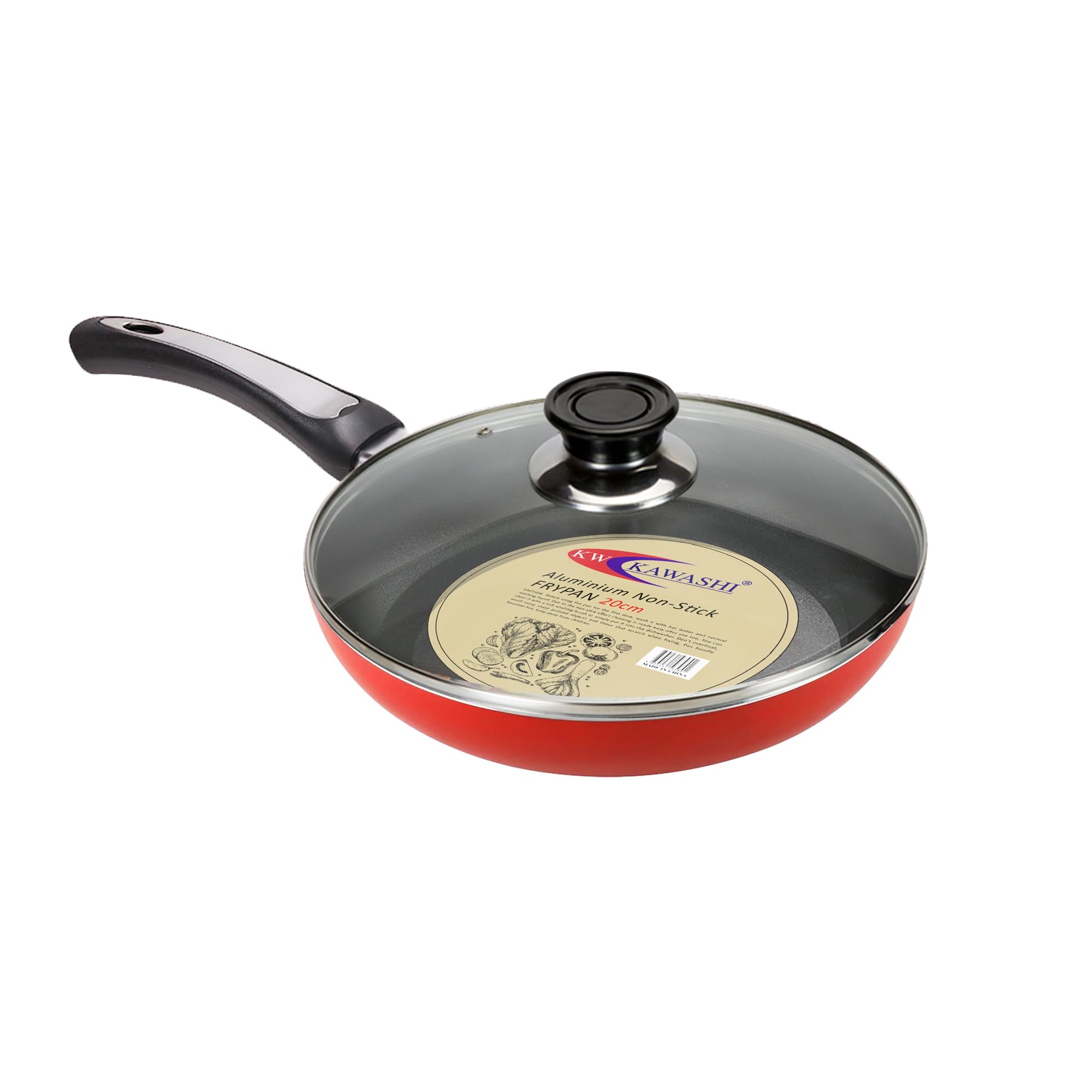 Kawashi 20cm Non-Stick Aluminum Fry Pan | Heat-Resistant Handle | Glass Lid with Steam Vent | Durable & Lightweight Cooking Pan | Ideal for Gas, Electric & Induction Stoves (Red, 20cm)