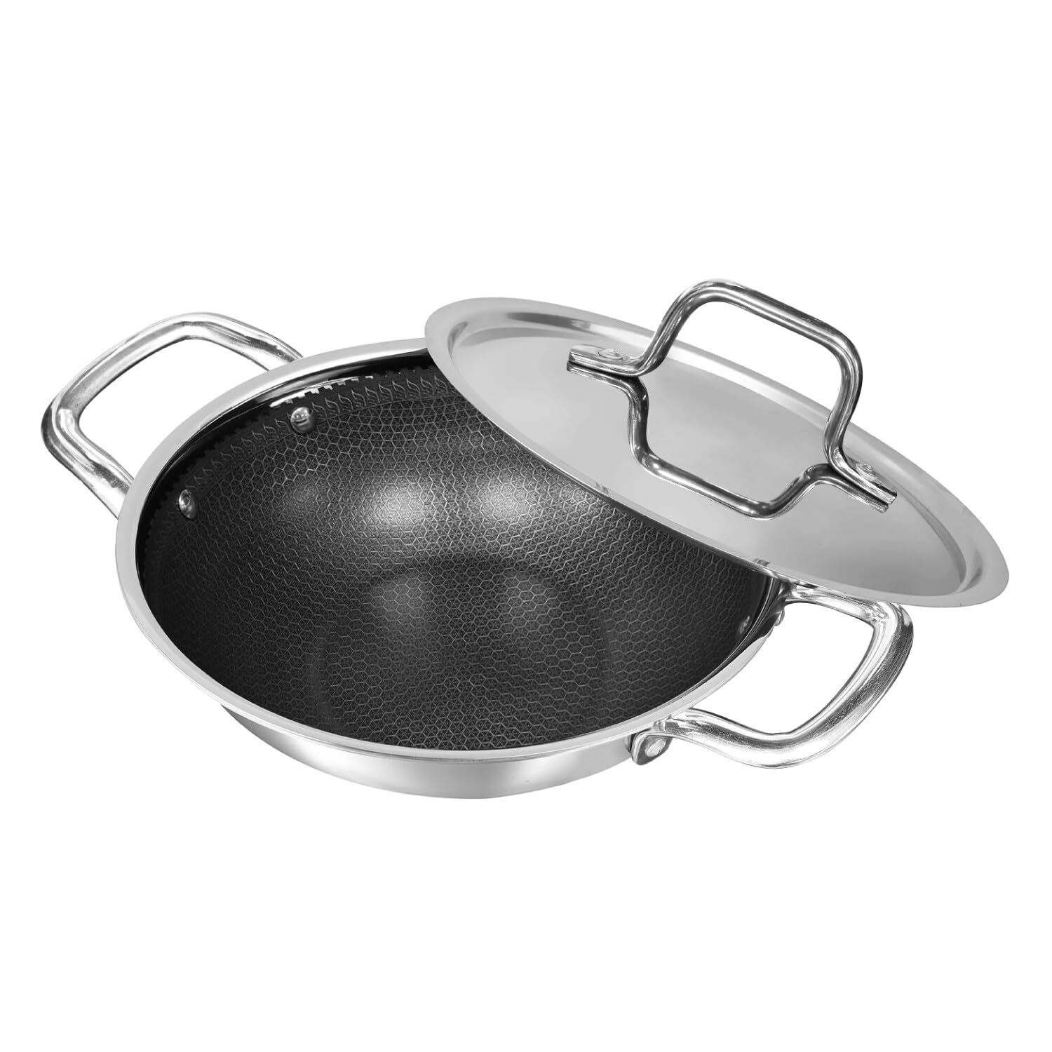 VINOD Platinum Pro 20cm Honeycomb Kadai Wok - Non-Stick Stainless Steel - Induction & Gas Compatible - Easy Clean, Superior Cooking (8 Inch), TP/NTNSK-20